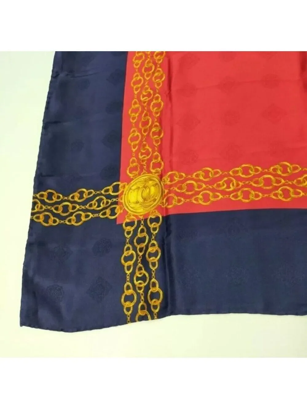 Chanel Vintage Silk Scarf Navy Red Gold Chain Medallion Square Designer Wrap